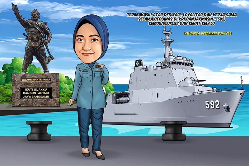 Karikatur prajurit perempuan berseragam dinas lapangan hijau kebiruan berdiri sendirian di dermaga, dengan kapal perang bernomor lambung 592 di sebelah kanan dan patung pahlawan bertuliskan pesan pelaut di sebelah kiri