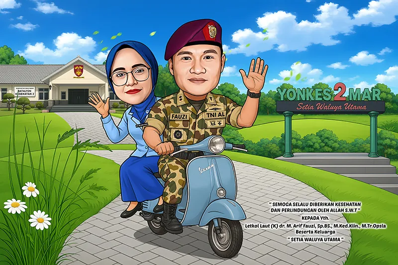 Karikatur perwira berseragam loreng membonceng istri berbusana dinas biru di atas vespa biru muda, melintas di halaman batalyon kesehatan marinir dengan papan nama satuan di sebelah kanan