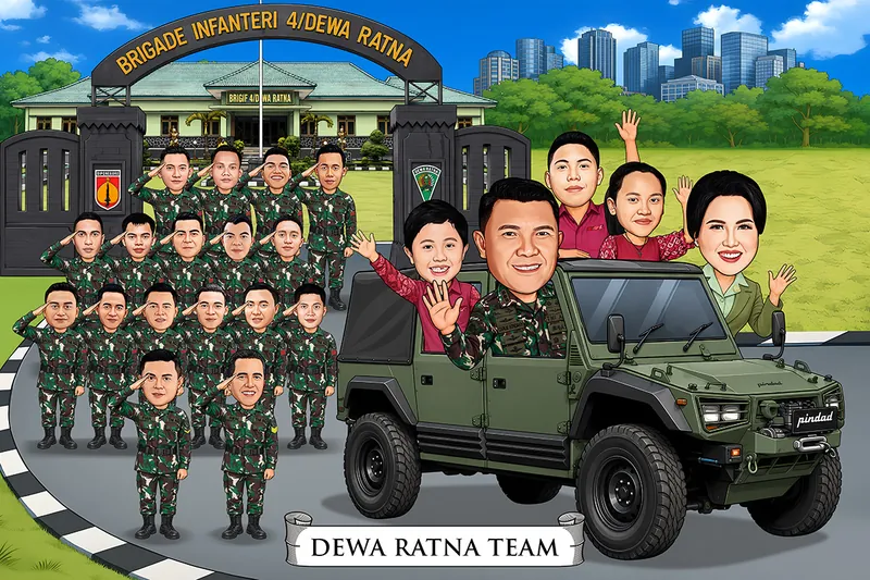 Karikatur komandan berseragam loreng melambai dari kendaraan taktis hijau bersama keluarganya, dengan sekitar dua puluh prajurit memberi hormat dalam tiga baris di depan gerbang markas brigade infanteri