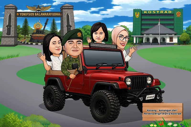 Karikatur perwira berbaret hijau memegang tongkat komando di balik kemudi jip merah klasik bersama tiga anggota keluarganya, dengan gerbang batalyon infanteri di kiri dan gedung markas komando cadangan strategis di kanan