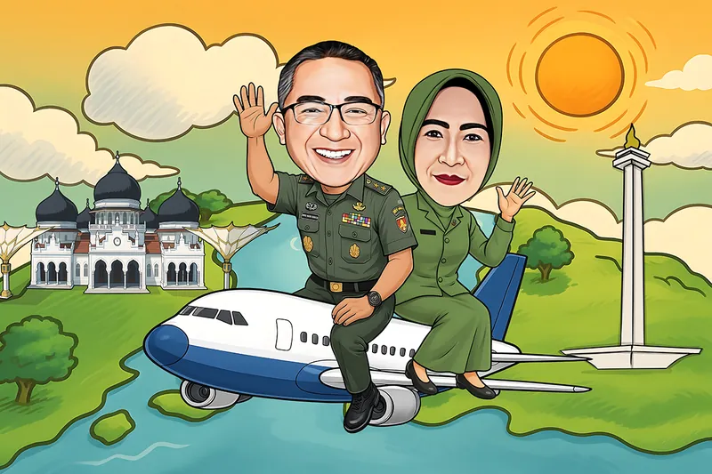 Karikatur sepasang pria dan wanita mengenakan seragam hijau militer sedang duduk di atas pesawat sambil melambaikan tangan. Pria mengenakan seragam lengkap dengan tanda pangkat dan atribut, sedangkan wanita mengenakan seragam hijau dengan hijab senada. Latar belakang menampilkan ilustrasi pemandangan Indonesia dengan Masjid Raya Baiturrahman, Monumen Nasional, perbukitan hijau, sungai, pepohonan, matahari, dan langit cerah.