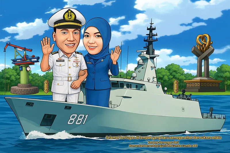 Karikatur komandan berseragam putih dinas upacara bersama istri berhijab biru berdiri di atas kapal perang bernomor lambung 881 yang membelah laut, dengan tugu dan bangunan berornamen daerah di garis pantai