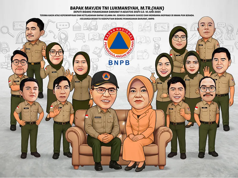 Karikatur seorang deputi bersama istri duduk di sofa, dikelilingi empat belas staf berseragam dinas cokelat, dengan lambang lembaga penanggulangan bencana terpampang di belakang mereka