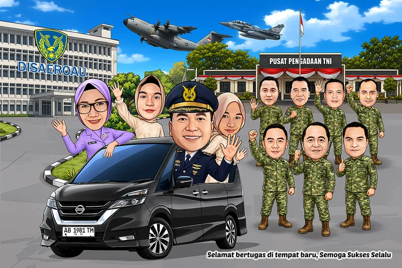 Karikatur perwira TNI AU berseragam biru di balik kemudi mobil keluarga, diapit tiga rekan berbusana dinas dan tujuh prajurit berseragam loreng, dengan pesawat angkut serta jet tempur melintas di atas markas