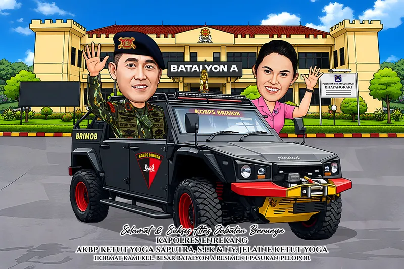 Karikatur perwira berseragam loreng berbaret hitam melambai dari kendaraan taktis hitam bertanda korps brimob, dengan istrinya berbusana merah muda di sisi kanan dan gedung batalyon berpuncak benteng di belakang
