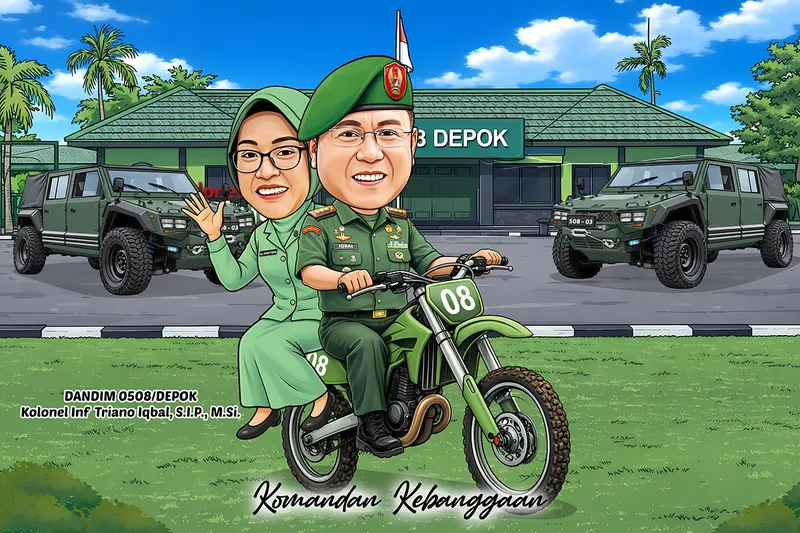 Karikatur komandan berbaret hijau mengendarai motor trail hijau bernomor delapan sambil memboncengkan istri berbusana dinas hijau, diapit dua kendaraan taktis di halaman markas komando distrik militer