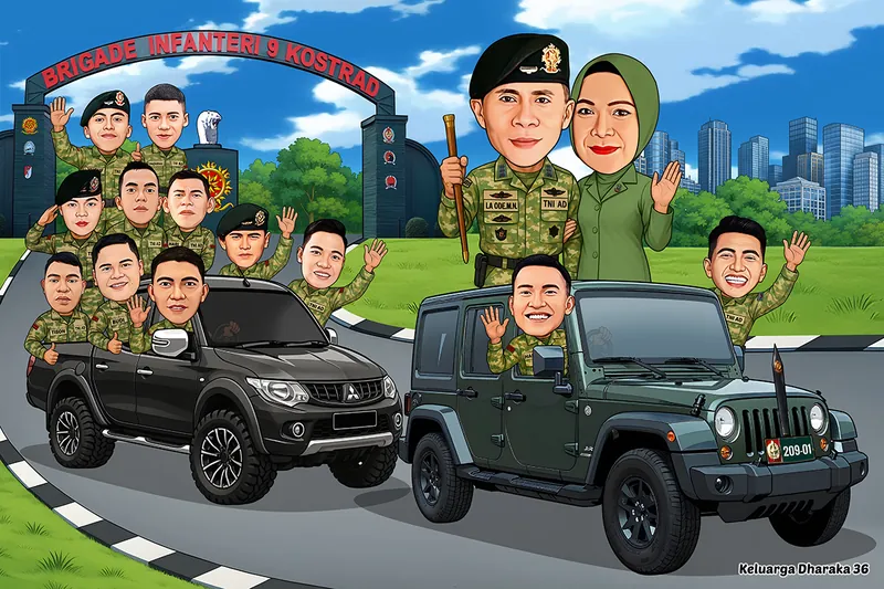 Karikatur komandan berbaret hijau memegang tongkat komando bersama istri berbusana dinas hijau, dengan dua belas prajurit menumpang mobil bak hitam dan jip hijau di depan gerbang markas brigade