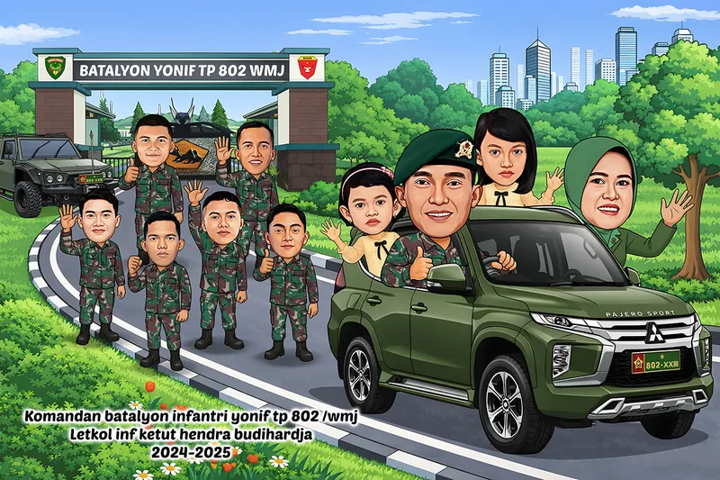 Karikatur seorang komandan TNI bersama keluarga dan para anggota batalyon di lingkungan markas militer. Tokoh utama mengenakan seragam loreng dan baret hijau sambil mengendarai mobil SUV hijau, ditemani istri berhijab hijau dan dua anak perempuan. Di sisi kiri terlihat sejumlah anggota TNI berseragam loreng yang melambaikan tangan, kendaraan militer, serta gerbang bertuliskan Batalyon Yonif TP 802 WMJ. Latar dilengkapi pepohonan hijau, jalan, taman, dan gedung kota di kejauhan.