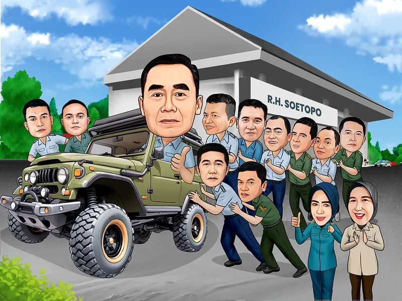 Karikatur perwira duduk di balik kemudi jip klasik hijau tua, dengan dua belas rekan berseragam biru muda dan hijau mendorong jip itu beramai-ramai di depan gedung rumah sakit pusat angkatan darat