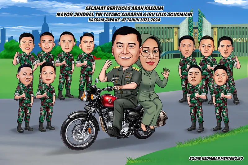 Karikatur pejabat tinggi berseragam loreng mengendarai motor klasik merah sambil memboncengkan istri berbusana dinas hijau, diapit tiga belas prajurit berseragam loreng di halaman markas daerah militer