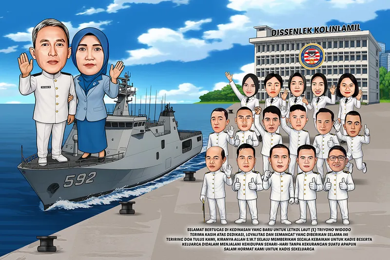 Karikatur perwira berseragam putih dinas upacara bersama istri berbusana biru berdiri di haluan kapal perang bernomor lambung 592, dengan enam belas perwira berseragam putih berbaris di dermaga di depan gedung dinas