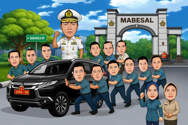 Karikatur seorang perwira TNI Angkatan Laut mengenakan seragam putih lengkap berdiri di atas mobil hitam sambil mengepalkan tangan. Di sekeliling mobil terdapat banyak rekan kerja berseragam yang berpose seolah mendorong kendaraan bersama-sama. Latar menampilkan gerbang bertuliskan MABESAL dan papan petunjuk menuju BAKAMLA RI, dengan suasana kawasan kantor militer.