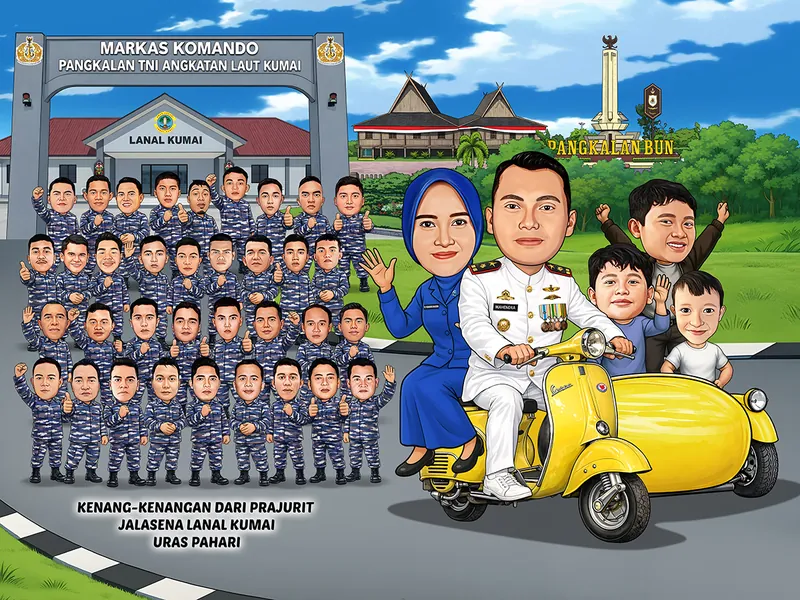 Karikatur komandan berseragam putih membonceng istri di atas vespa kuning bersespan bersama tiga anaknya, dengan sekitar empat puluh prajurit berbaris di depan gerbang markas komando pangkalan