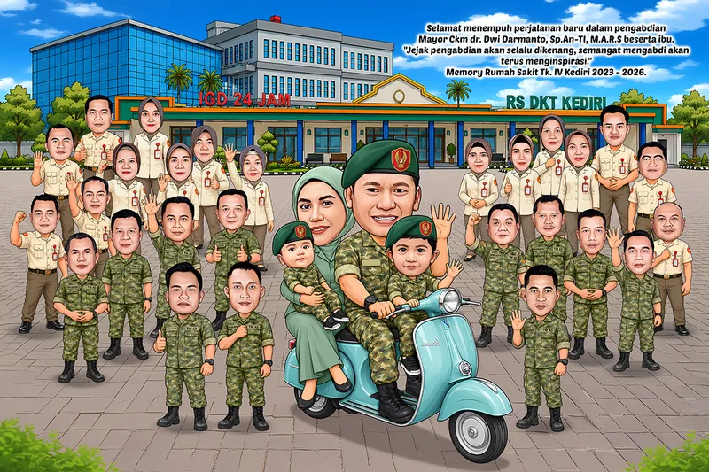Karikatur perwira kesehatan berbaret hijau mengendarai vespa hijau muda bersama istri dan dua anaknya yang juga memakai baret, dikelilingi dua puluh delapan staf berseragam cokelat dan loreng di depan gedung rumah sakit tentara