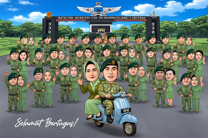Karikatur komandan berbaret hijau mengendarai vespa biru muda bersama istri berbusana dinas hijau, dengan sekitar empat puluh lima prajurit dan anggota persatuan istri berdiri berlapis di depan gerbang batalyon infanteri
