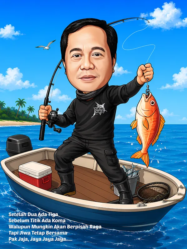 Karikatur seorang pria sedang memancing dari atas perahu di tengah laut. Pria mengenakan pakaian serba hitam sambil memegang joran dan mengangkat seekor ikan hasil tangkapan. Di dalam perahu terdapat kotak pendingin, ember berisi ikan, jaring, serta perlengkapan memancing, dengan latar laut biru, pantai tropis, pepohonan kelapa, burung, dan langit cerah.