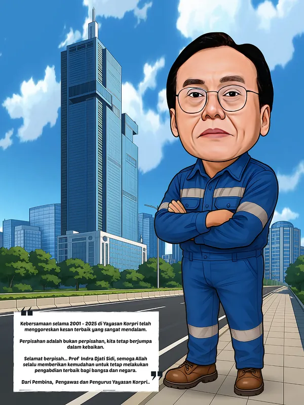 Karikatur seorang pria berkacamata mengenakan seragam kerja biru dengan aksen reflektif sedang berdiri dengan kedua tangan terlipat di depan kawasan gedung tinggi dan jalan perkotaan. Di bagian bawah terdapat pesan perpisahan dan ucapan terima kasih atas kebersamaan serta pengabdian Prof. Indra Djati Sidi selama periode 2001–2025 di Yayasan Korpri.