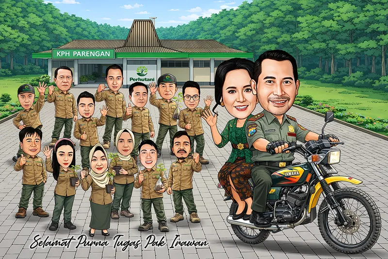 Karikatur seorang pejabat kehutanan mengenakan seragam dinas hijau, mengendarai motor trail kuning bersama istri berkebaya di boncengan, dikelilingi belasan rekan kerja berseragam sama yang berdiri di depan kantor kesatuan hutan sambil membawa bibit tanaman.