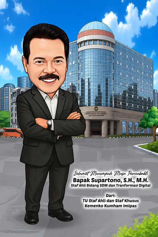 Karikatur pria berkumis dan berjas hitam bersedekap penuh percaya diri, berdiri di depan gedung kementerian koordinator bertingkat tinggi berkubah biru dengan lambang instansi di fasad depan.