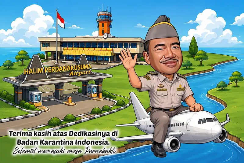 Karikatur pria berseragam khaki berpeci pet lengkap dengan lencana karantina di dada, duduk santai di atas pesawat mini putih sambil melambaikan tangan, dengan latar gerbang bandara bertuliskan nama bandara dan menara pengawas lalu lintas udara oranye di kejauhan.
