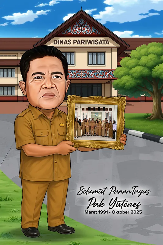 Karikatur pegawai berseragam dinas cokelat berdiri di halaman kantor dinas beratap ornamen daerah, memegang bingkai emas berisi foto seluruh rekan sekantornya