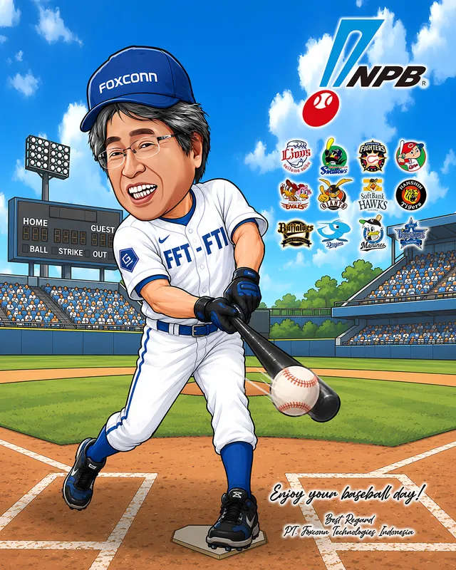 Karikatur pria mengenakan seragam bisbol putih bergaris biru dan topi bertuliskan nama perusahaan, tengah mengayunkan pemukul ke arah bola di atas home plate stadion, dengan papan skor dan deretan lambang klub liga bisbol Jepang di kejauhan.