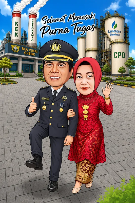 Karikatur sepasang suami istri berjalan berdampingan di halaman berpaving. Pria mengenakan seragam dinas Bea Cukai lengkap dengan topi pet, tanda pangkat, dan lencana, sambil mengacungkan jempol. Wanita di sampingnya mengenakan kebaya merah berpadu kain batik keemasan dan kerudung merah sambil melambaikan tangan. Latar belakang menampilkan gedung Bea Cukai Gresik, cerobong KEK Petrokimia, serta tangki penyimpanan Lamongan Shorebase dan CPO. Di bagian atas terdapat tulisan Selamat Memasuki Purna Tugas.