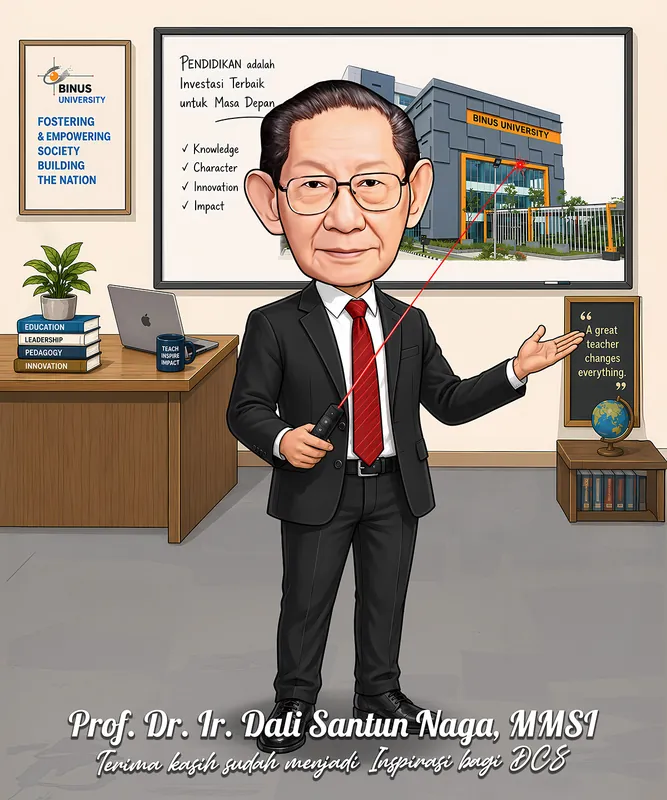 Karikatur pria berkacamata dan berjas hitam berdasi merah memegang penunjuk laser sambil membentangkan tangan lainnya, berdiri di depan layar presentasi bertuliskan filosofi pendidikan dan foto gedung kampus, dengan meja kerja berisi buku dan laptop di sisi kiri serta papan kutipan motivasi guru di sisi kanan.
