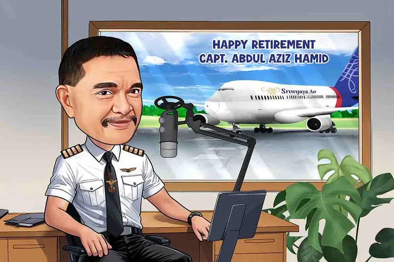 Karikatur pria berseragam pilot putih lengkap dengan pangkat di pundak dan dasi hitam, duduk di meja kerja di depan mikrofon siaran, dengan layar besar di belakang menampilkan pesawat maskapai terparkir di landasan dan ucapan selamat purnabakti.