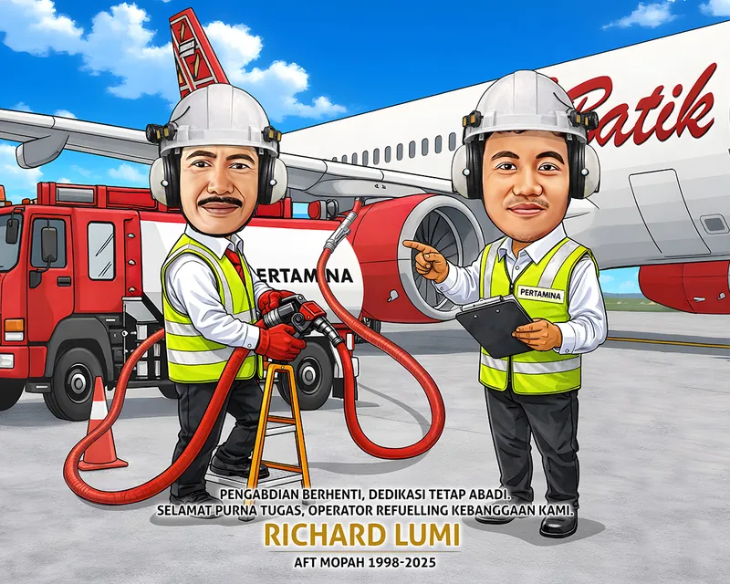 Karikatur dua pria berhelm proyek putih dan rompi keselamatan hijau menyala berdiri di landasan pacu, satu memegang selang pengisian bahan bakar merah sambil berdiri di tangga kuning, satu lagi menunjuk sambil memegang papan jepit, dengan latar truk tangki pemadam merah dan pesawat maskapai bermesin jet.