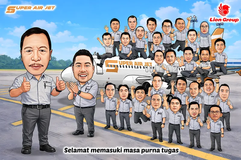 Karikatur puluhan pegawai maskapai berseragam kemeja abu-abu berdiri dan bergelantungan di badan pesawat, sebagian duduk di sayap dan pintu pesawat sambil mengacungkan tangan, dua orang di bagian depan berdiri lebih besar menghadap kamera di landasan pacu.