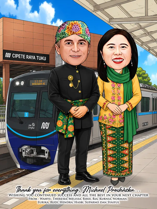 Karikatur pria bermata biru mengenakan beskap hitam berkancing emas dan ikat kepala batik warna-warni, berdiri di samping seorang perempuan berkebaya kuning bersulam bunga dan kain songket hijau, keduanya berdiri di peron stasiun dengan kereta MRT Jakarta terparkir di jalur.