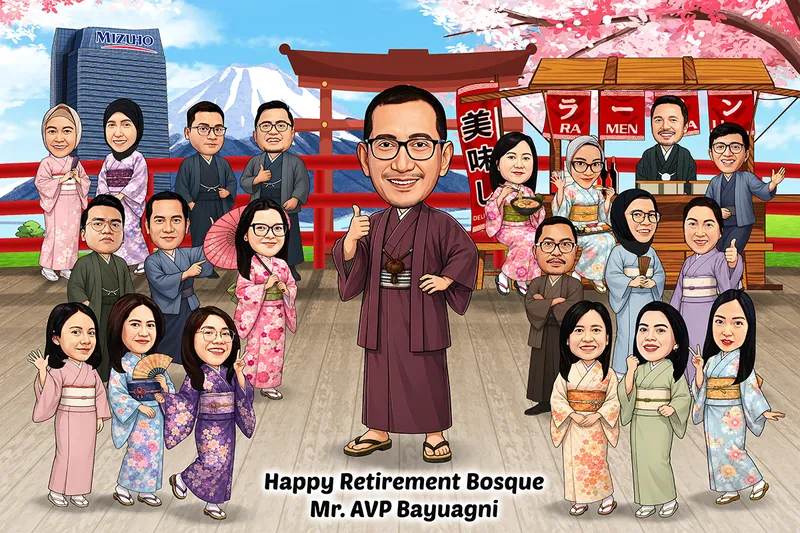 Karikatur sekitar dua puluh satu rekan kerja mengenakan kimono berdiri di dek kayu, dengan gerbang torii merah, gunung bersalju, pohon sakura, dan kedai ramen di belakang mereka
