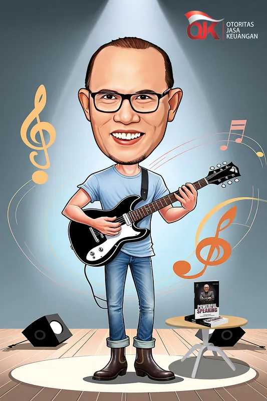 Karikatur seorang pria berkaus biru muda memainkan gitar elektrik di atas panggung kayu di bawah sorot lampu, dengan not balok melayang di kedua sisi dan tumpukan buku di meja bundar sebelah kanan