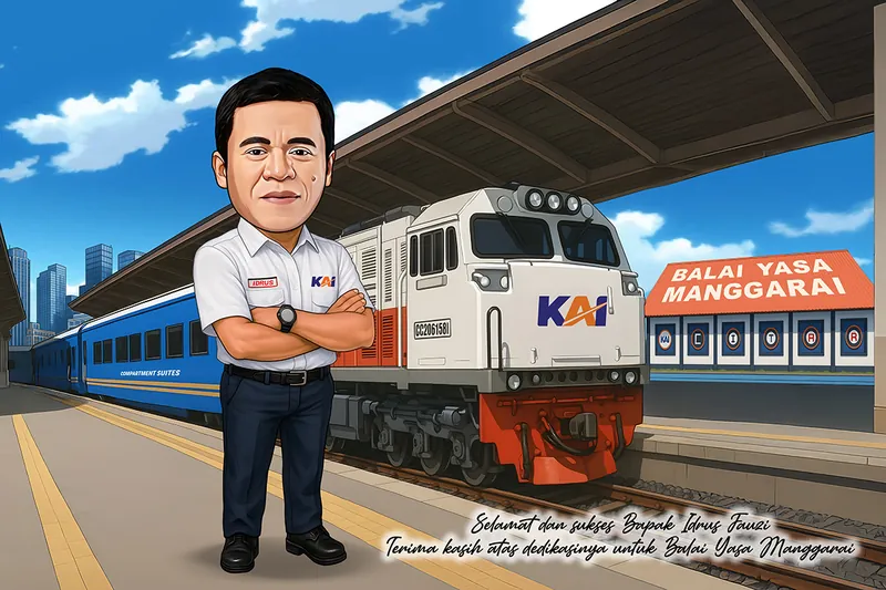 Karikatur seorang pegawai berkemeja putih berlambang perusahaan kereta berdiri bersedekap di peron, dengan lokomotif dan rangkaian kereta biru di belakangnya serta bangunan balai yasa di sebelah kanan