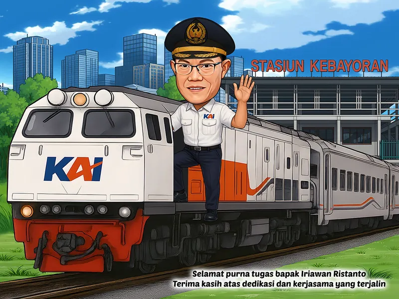 Karikatur pria berkacamata mengenakan seragam putih berlogo perusahaan kereta api dan topi pet emas lengkap dengan lambang burung garuda, berdiri di tangga lokomotif putih oranye sambil melambaikan tangan, dengan latar gedung stasiun bertuliskan nama stasiun dan gedung pencakar langit kota.