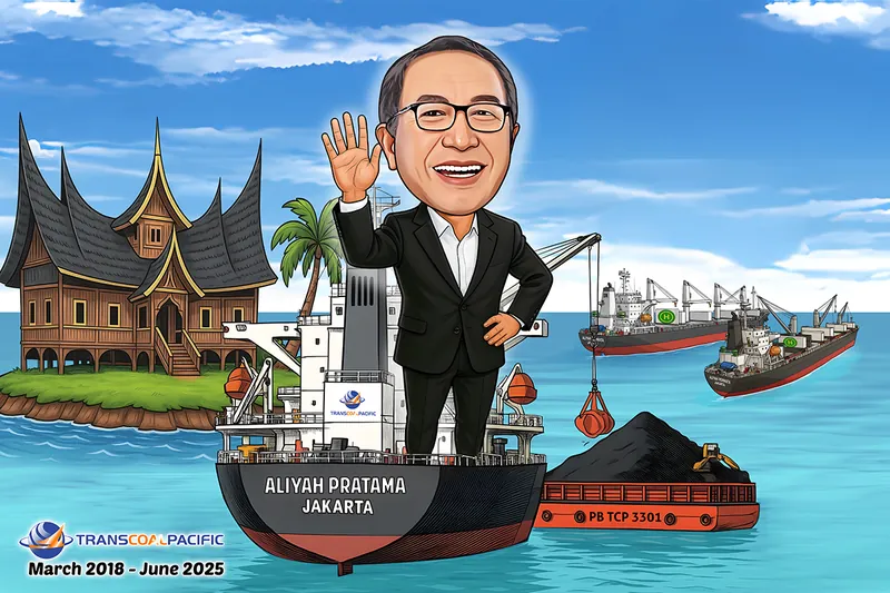 Karikatur seorang pria berjas hitam melambai sambil berdiri di atas kapal kargo batu bara, dengan rumah gadang di pulau sebelah kiri dan dua kapal serta tongkang bermuatan di kejauhan