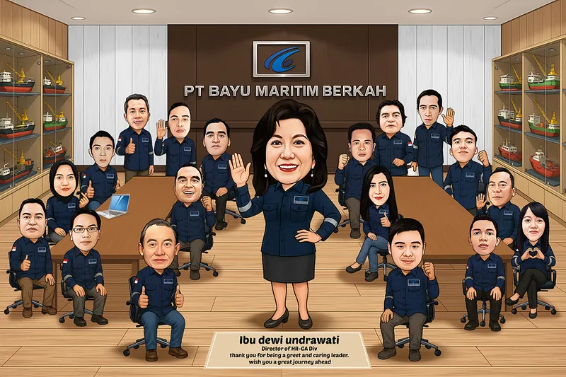 Karikatur seorang pemimpin perempuan berseragam biru dongker berdiri di tengah ruang rapat sambil melambaikan tangan, dikelilingi lima belas rekan kerja berseragam sama yang duduk dan berdiri di sekeliling meja panjang, dengan lemari kaca berisi miniatur kapal di kedua sisi ruangan dan logo perusahaan pelayaran di dinding belakang.