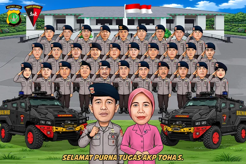 Karikatur pria berseragam cokelat muda Brimob dan perempuan berblus merah muda berdiri di tengah barisan, dikelilingi lebih dari dua puluh personel berbaret hitam yang memberi hormat serentak, diapit dua kendaraan taktis lapis baja hitam bertuliskan lambang Brimob di kedua sisi.