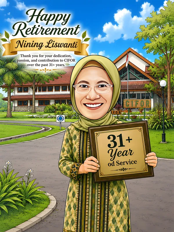 Karikatur seorang perempuan berhijab dan berbusana batik hijau memegang plakat bertuliskan tiga puluh satu tahun masa kerja, berdiri di jalan masuk kompleks kantor lembaga penelitian kehutanan yang rimbun