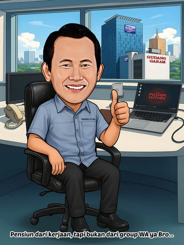 Karikatur seorang pria sedang duduk di kursi kantor sambil tersenyum dan mengacungkan jempol. Ia mengenakan kemeja kerja biru bertuliskan Winning As One, dengan meja kerja, telepon, dan laptop di sampingnya. Dari jendela terlihat gedung bertuliskan Gudang Garam, sementara di bagian bawah terdapat tulisan Pensiun dari kerjaan, tapi bukan dari group WA ya Bro...