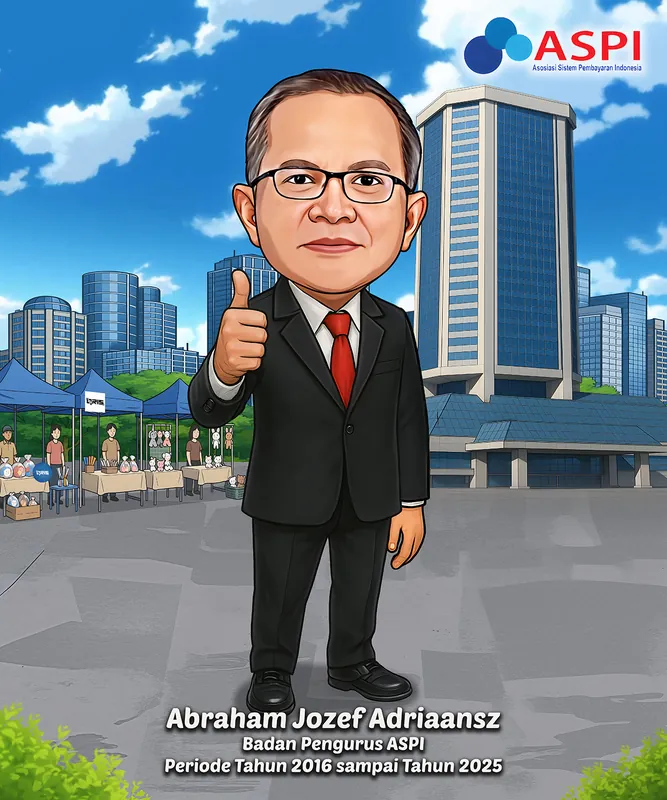 Karikatur pria berkacamata dan berjas hitam berdasi merah mengacungkan jempol, berdiri di plaza kota dengan latar gedung pencakar langit dan tenda-tenda kecil pedagang boneka berlogo pembayaran digital, deretan gedung perkantoran modern di belakang.