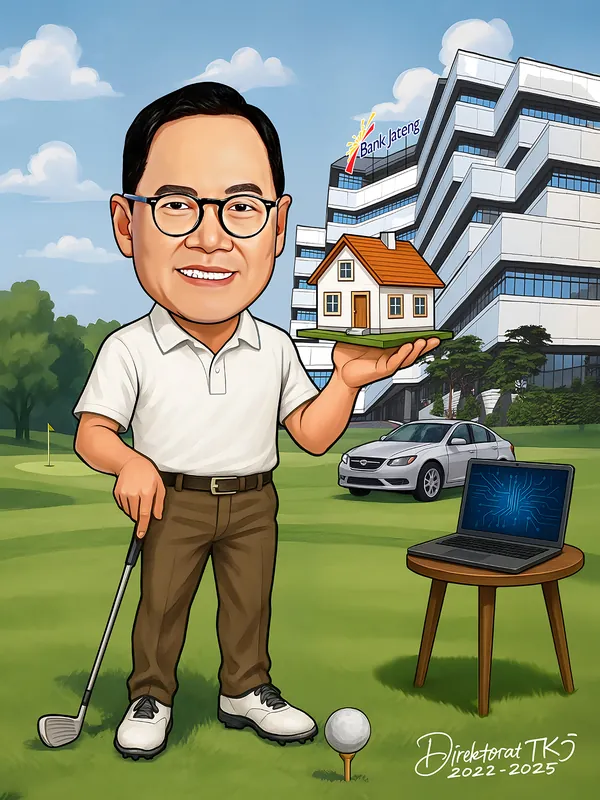 Karikatur seorang direktur berkaus golf putih memegang stik golf sambil menyangga rumah mungil di telapak tangannya, dengan gedung kantor bank, mobil sedan, dan laptop di sekelilingnya di atas lapangan golf