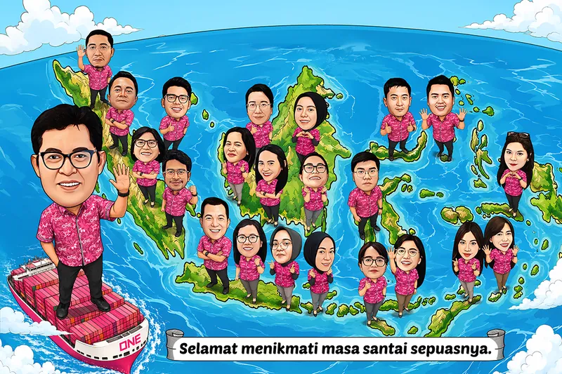 Karikatur sekitar dua puluh rekan kerja berkemeja merah muda bermotif seragam, berdiri tersebar di atas ilustrasi peta kepulauan Indonesia berwarna hijau di tengah lautan biru, satu orang di sisi kiri berdiri di atas kapal kontainer besar bertuliskan nama maskapai pelayaran.