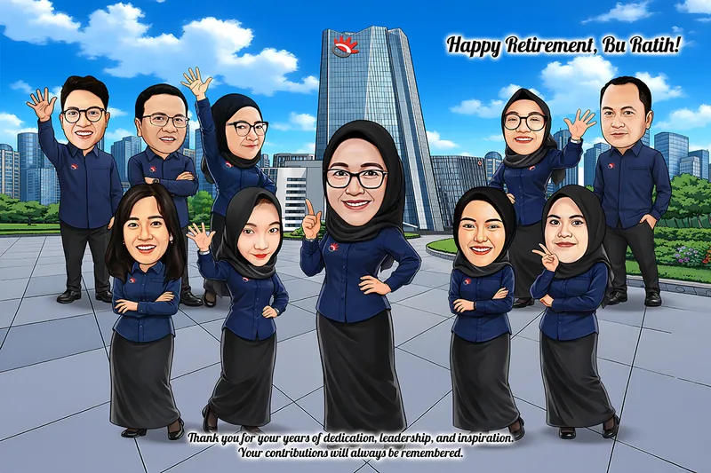Karikatur sepuluh karyawan berkemeja biru tua, tujuh perempuan berhijab dan berrok gelap serta tiga pria, berdiri di plaza dengan menara kantor berlambang perusahaan menjulang di belakang