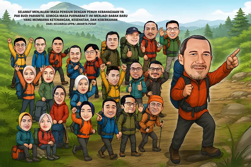 Karikatur lebih dari dua puluh rekan kerja berjaket gunung warna-warni lengkap dengan ransel carrier, tokoh utama di sisi kanan mengenakan jaket oranye menunjuk ke arah puncak sambil mengepalkan tangan, dengan latar jalur pendakian berbatu dan hutan pinus serta puncak gunung di kejauhan.