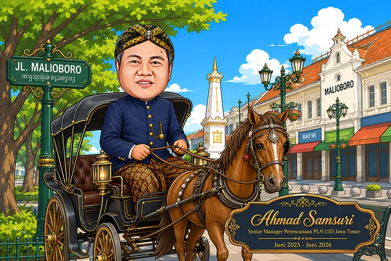 Karikatur pria berblangkon emas dan berbusana Jawa navy duduk mengendalikan kereta kuda beratap hitam di Jalan Malioboro, seekor kuda cokelat menarik kereta di depan, dengan latar tugu putih menjulang dan deretan toko batik serta oleh-oleh khas Yogyakarta.