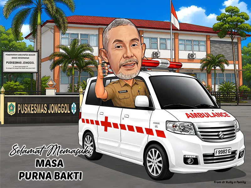 Karikatur seorang pegawai berseragam dinas cokelat mengacungkan jempol dari jendela ambulans putih, dengan gedung puskesmas dua lantai dan papan nama dinas kesehatan di belakangnya