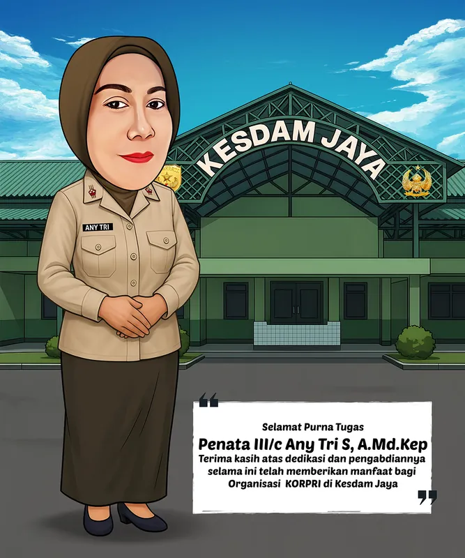 Karikatur perempuan berhijab cokelat dan berseragam khaki PNS dengan rok panjang gelap, berdiri tenang dengan kedua tangan bertaut di depan tubuh, di depan gapura besar bertuliskan nama komando kesehatan daerah militer lengkap dengan lambang burung garuda emas.