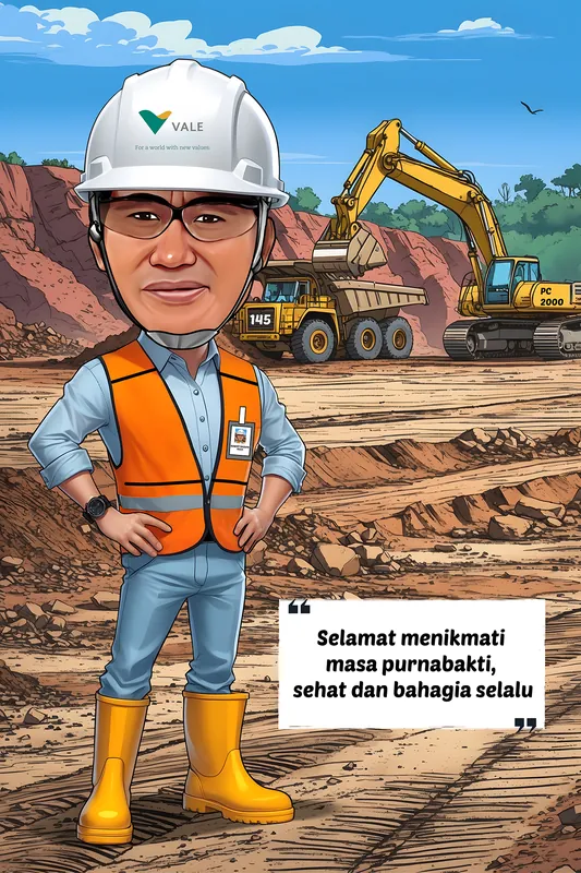 Karikatur pria berdiri tegap mengenakan helm proyek putih berlogo perusahaan tambang, rompi keselamatan oranye, dan sepatu bot kuning, dengan latar area tambang terbuka berisi truk pengangkut dan ekskavator kuning.